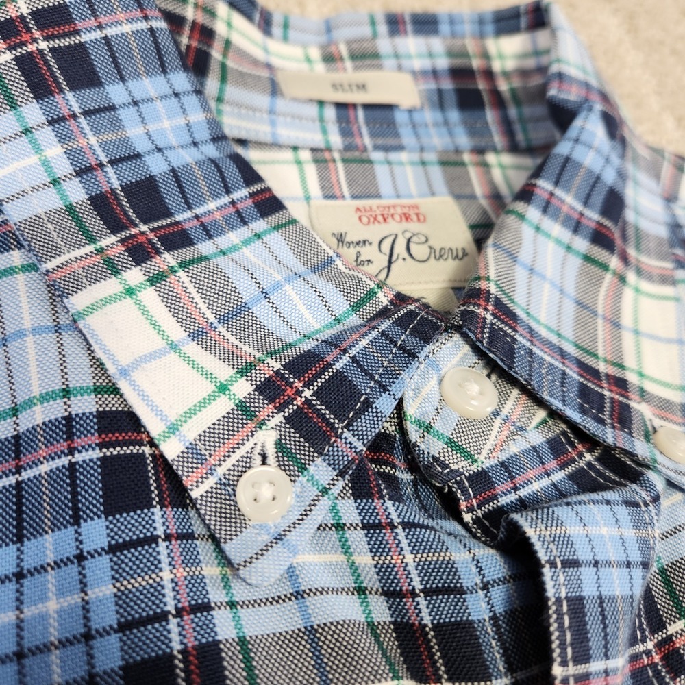 J Crew Shirt Mens Small Plaid Oxford Slim Fit Blue Button Down Cotton